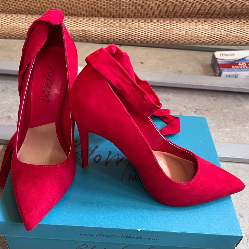 Red suede heels with wrap around ankle ribbon
